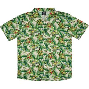 Teenage Mutant Ninja Turtles Men's Hawaiian Foliage Character Design Button-Up Woven Shirt