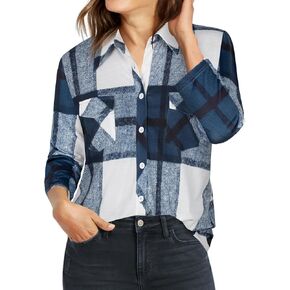 Ninedaily Women's Plaid Shirt Collared Button Down Blouse 3/4 Sleeve Tunic Tops