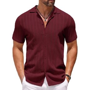 COOFANDY Men's Knit Shirts Short Sleeve Button Down Polo Shirt Crochet Casual Vintage Summer Beach Shirts