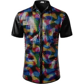 JOGAL Mens 70s Disco Shirt Silver Sequins Party Costume Short Sleeve Button Down Shirts