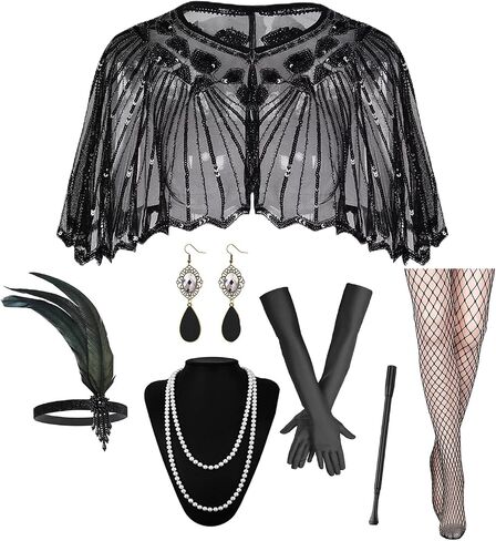 1920s Flapper Accessories Set, Roaring 20s Accessories Women Feather Headpiece Necklace Earrings Long Gloves,Black Gold in Saudi Arabia