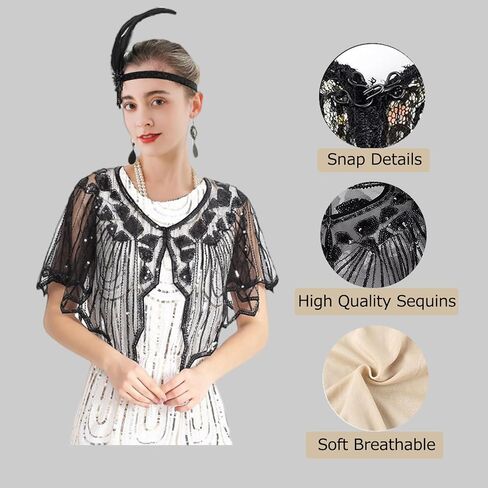 1920s Flapper Accessories Set, Roaring 20s Accessories Women Feather Headpiece Necklace Earrings Long Gloves,Black Gold in Saudi Arabia