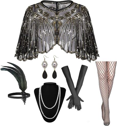 1920s Flapper Accessories Set, Roaring 20s Accessories Women Feather Headpiece Necklace Earrings Long Gloves,Black Gold in Saudi Arabia