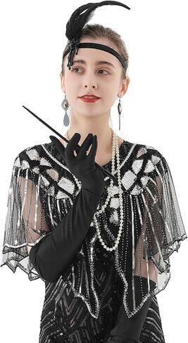 1920s Flapper Accessories Set, Roaring 20s Accessories Women Feather Headpiece Necklace Earrings Long Gloves,Black Gold in Saudi Arabia