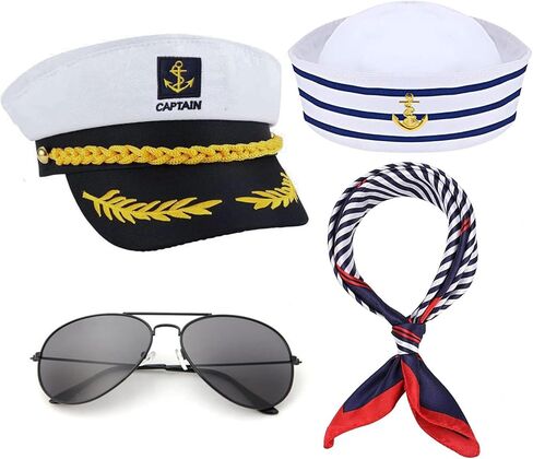 Yacht Captain Hat Sailor Ship Cap Scarf Sunglasses Sailor Hat Boat Costume For Men Women Captains Dressing up Party (4pCS set) in Kuwait