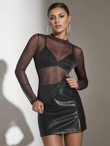 OFEEFAN Womens Long Sleeve Mesh Top See Through Mock Neck Sheer Blouses in Saudi Arabia