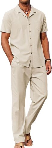 COOFANDY Men 2 Piece Linen Outfit Beach Button Down Shirt Casual Loose Pant Sets in Kuwait