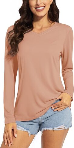 TACVASEN Women's UPF 50+ Sun Protection V Neck Long Sleeve Tops Quick Dry Hiking Running Workout T-Shirts in Kuwait