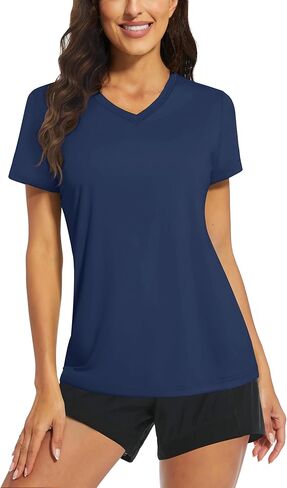 تي شيرت TACVASEN للسيدات بعامل حماية من أشعة الشمس 50+ للحماية من الشمس ورقبة على شكل حرف V وأكمام قصيرة تي شيرت سريع الجفاف للمشي لمسافات طويلة والجري والتمارين in Kuwait