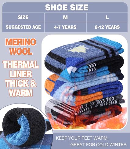 Kids Merino Wool Ski Socks Boys Girls Thermal Winter Warm Thick Cozy Socks for Skiing Snowboarding 3 Pairs in Kuwait