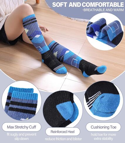 Kids Merino Wool Ski Socks Boys Girls Thermal Winter Warm Thick Cozy Socks for Skiing Snowboarding 3 Pairs in Kuwait