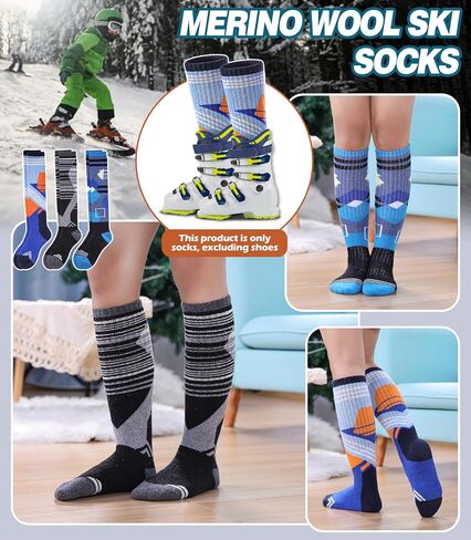 Kids Merino Wool Ski Socks Boys Girls Thermal Winter Warm Thick Cozy Socks for Skiing Snowboarding 3 Pairs in Kuwait