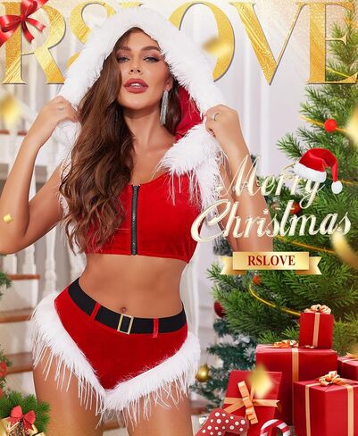RSLOVE Women Sexy Christmas Costume - Santa Lingerie Set Velvet Claus Outfit 2Pcs Tops and Shorts Xmas Roleplay Bodysuit in Saudi Arabia