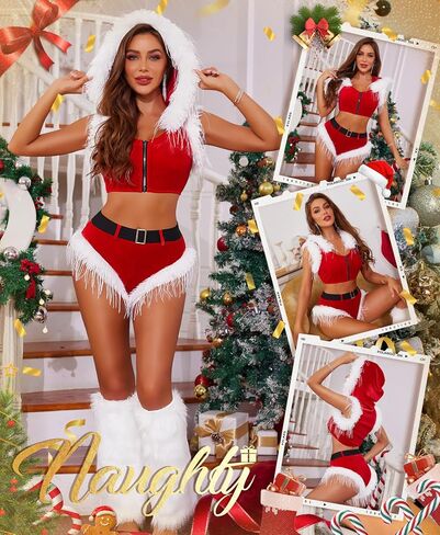RSLOVE Women Sexy Christmas Costume - Santa Lingerie Set Velvet Claus Outfit 2Pcs Tops and Shorts Xmas Roleplay Bodysuit in Saudi Arabia