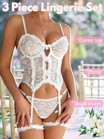 Sexy Lingerie Set For Women, Floral Lace Corset Thong Garter, Cute Bow Sheer 3 Piece, Valentines Day Date Night in Saudi Arabia
