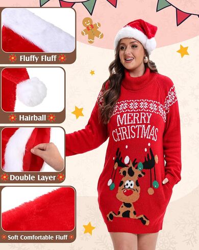 Ugly Christmas Sweater Dress for Women, Santa Hat and Funny Novelty Sweater with Pocket for Xmas Holiday in Kuwait