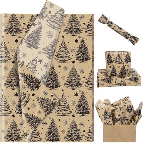 Bolsome 100 Sheets Christmas Tissue Paper for Gift Wrapping Kraft White Reindeer Xmas Tree Woodland Printed Tissue Paper for Gift Bags for Winter Holidays Christmas Party DIY Craft, 20 × 14 Inches in Kuwait