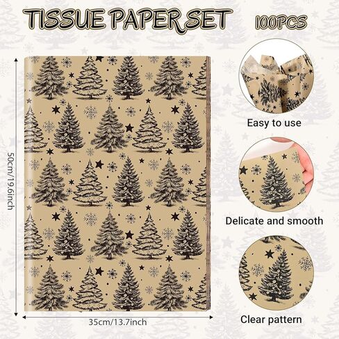 Bolsome 100 Sheets Christmas Tissue Paper for Gift Wrapping Kraft White Reindeer Xmas Tree Woodland Printed Tissue Paper for Gift Bags for Winter Holidays Christmas Party DIY Craft, 20 × 14 Inches in Kuwait
