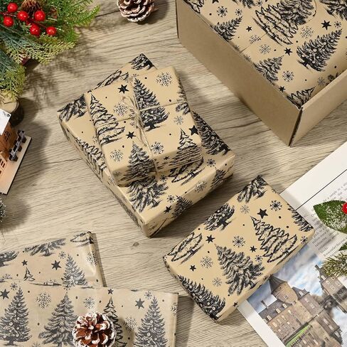 Bolsome 100 Sheets Christmas Tissue Paper for Gift Wrapping Kraft White Reindeer Xmas Tree Woodland Printed Tissue Paper for Gift Bags for Winter Holidays Christmas Party DIY Craft, 20 × 14 Inches in Kuwait