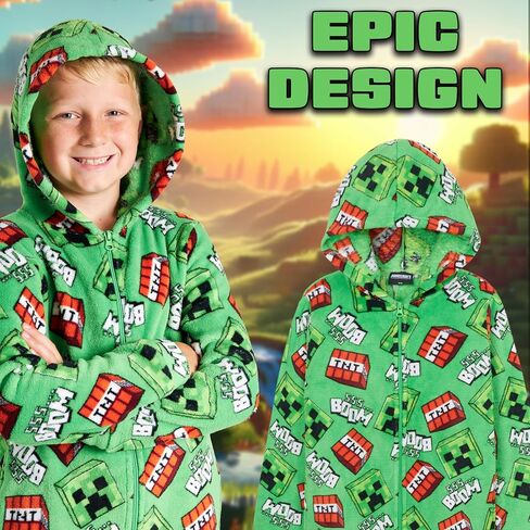 Minecraft Boys Fleece Hooded One-Piece Pajamas, Warm Fleece Hooded Loungewear Suit for Boys - Gifts for Gamers in Saudi Arabia