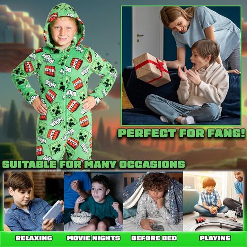 Minecraft Boys Fleece Hooded One-Piece Pajamas, Warm Fleece Hooded Loungewear Suit for Boys - Gifts for Gamers in Saudi Arabia