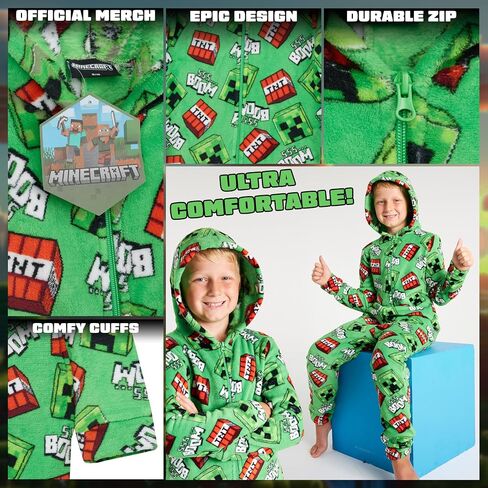 Minecraft Boys Fleece Hooded One-Piece Pajamas, Warm Fleece Hooded Loungewear Suit for Boys - Gifts for Gamers in Saudi Arabia