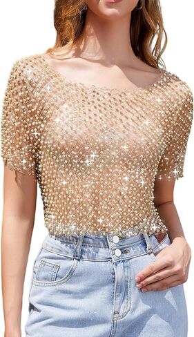 Women's Pearl Mesh Sheer Crop Top Sparkly Short Sleeve Glitter See Through Sexy Tee Shirt for Casual Party Club in Kuwait