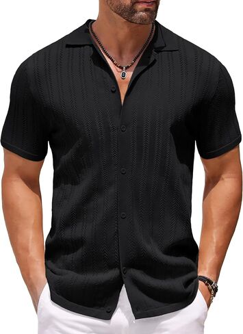 COOFANDY Men's Knit Shirts Short Sleeve Button Down Polo Shirt Crochet Casual Vintage Summer Beach Shirts in Saudi Arabia