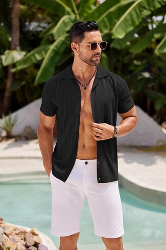 COOFANDY Men's Knit Shirts Short Sleeve Button Down Polo Shirt Crochet Casual Vintage Summer Beach Shirts in Saudi Arabia