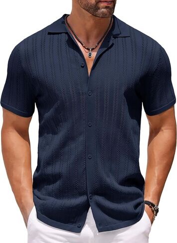 COOFANDY Men's Knit Shirts Short Sleeve Button Down Polo Shirt Crochet Casual Vintage Summer Beach Shirts in Saudi Arabia