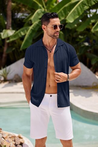 COOFANDY Men's Knit Shirts Short Sleeve Button Down Polo Shirt Crochet Casual Vintage Summer Beach Shirts in Saudi Arabia