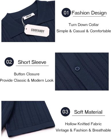 COOFANDY Men's Knit Shirts Short Sleeve Button Down Polo Shirt Crochet Casual Vintage Summer Beach Shirts in Saudi Arabia
