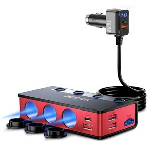 BESTEK Cigarette Lighter Splitter Adapter: 9in1 Car Charger 180W 3-Socket PD 65W and QC3.0 18W Charging Ports LED Display Super Fast Charger for12V/24V (180W Cigarette Lighter Splitter (RED))