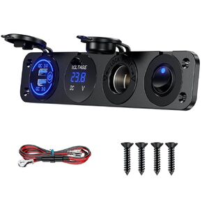 Kewig 4 in 1 Marine Switch Panel, 12V 36W Dual USB Charger Socket Power Outlet & Cigarette Lighter Socket & LED Voltmeter & LED ON/Off Rocker Toggle Switch for Truck Car Marine Boats RV