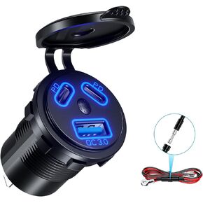 KEWIG 12V USB Outlet Quick Charge 3.0 USB Charger Socket & Dual PD Type - C Ports, USB Cigartte Lighter Socket with ON/Off Switch DIY Kit, Waterproof Car Charger for Car Boat Marine RV ATV,Golf