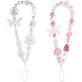 2pcs Phone Charm, Cute Beaded Cell Phone Straps Charms Butterfly Phone Lanyard Flower Phone Chain Strawberry Cellphone Wrist Strap for Girls Woman(White and Pink)