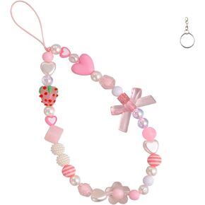 Luckyvestir Phone Charms Strap Aesthetic, Pink Cute Strawberry Phone Charm with Bowknot Heart, Kawaii Phone Case Charm for Key Airpods