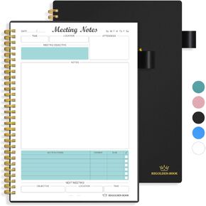 8.5"x11" Meeting Notebook for Work with Sticky Tabs, A4 Work Notebooks for Note Taking and Keep Agendas on Track, Work Planner with Action Items to Manage Business Projects, 160 Pages, Black