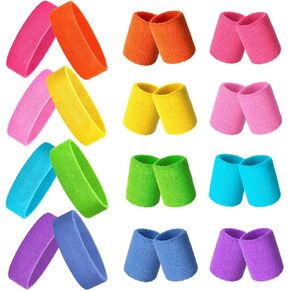 24 Pieces 80s Neon Sweatbands Set, Include 8 Sports Headbands and 16 Sweat Wristbands Elastic Athletic Sweat Bands Bulk for Man Woman 80s Party