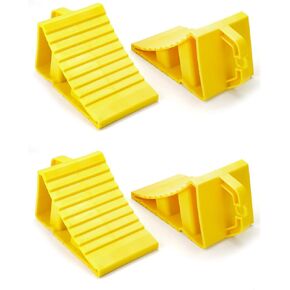 QWORK RV Wheel Chocks, 4 Pack Heavy Duty Car RV Tire Chocks Camper Chocks with Handle and Rope, Car Truck Stopper for Travel Trailers, Camper, Cars, Truck, Yellow