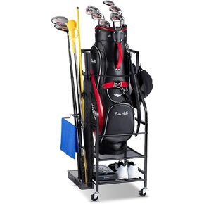 FHXZH Golf Bags Storage Garage Organizer - Golf Bag Stand Fit Single Golf Bags, Golf Clubs, and Golf Equipment Accessories, Golf Bag Storage Rack with Wheels for Garage, Club, Shed, Basement