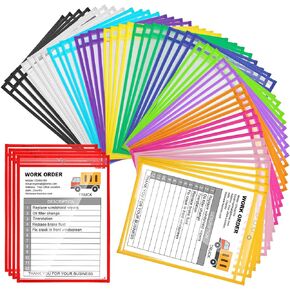 56 Pack Dry Erase Pockets Reusable Plastic Sleeves Shop Holder Order Pockets Clear Sleeves Tickets Folders Job Ticket Shop Holder Order Pockets Teacher Supplies for Classroom Organization (Multicolor)