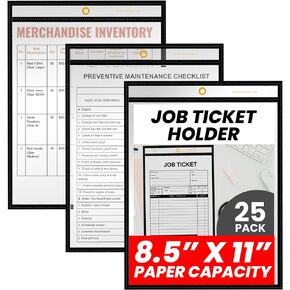 Office Werks Stitched Dry Erase Pocket, Portrait View Heavy Duty Reusable 8.5" X 11" Sleeves, Clear Both Sides with 1 Hole for Attaching to Machinery, File Cabinets and More, Black Trim (Pack of 25)