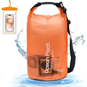 Waterproof Dry Bag, 10L/15L Roll Top Sack with Waterproof Phone Case, Lightweight Storage Bag Backpack Keeps Gear Dry for Kayaking, Boating, Swimming, Camping, Hiking, Beach (Orange, 10L)