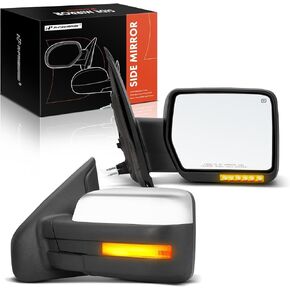 A-Premium Towing Mirrors - Compatible with Ford F-150 2004-2014 - Manual Folding Heated Chrome - with Power Glass Turn Signal - Pair Set