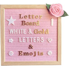 Pink Felt Letter Board 10x10 Inches – Changeable Message Board Includes Pink Felt Flower, 335 White Letters & Emojis, 126 Shiny Gold Letters & Emojis, Wall Hanging Hook, Oak Frame, & Canvas Bag