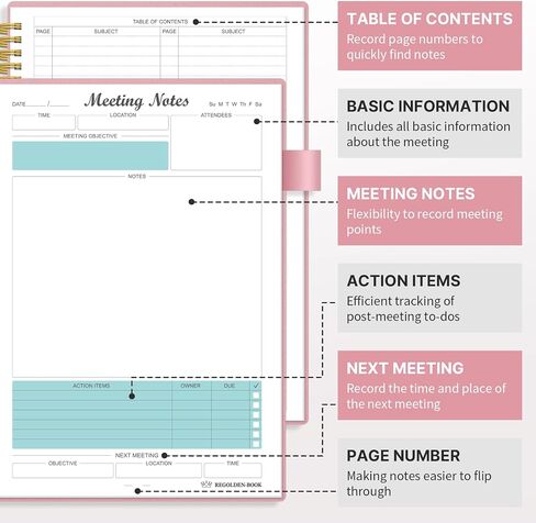 8.5"x11" Meeting Notebook for Work with Sticky Tabs, A4 Work Notebooks for Note Taking and Keep Agendas on Track, Work Planner with Action Items to Manage Business Projects, 160 Pages, Black in Kuwait