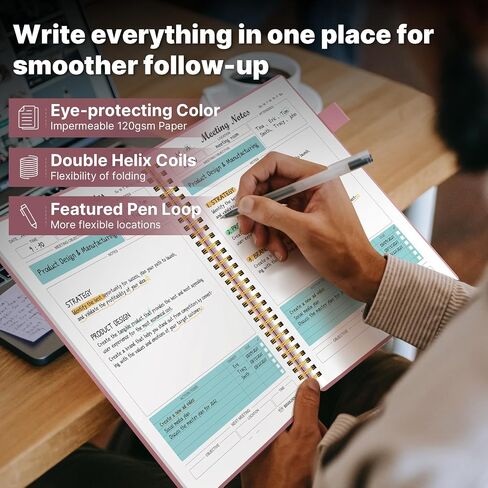 8.5"x11" Meeting Notebook for Work with Sticky Tabs, A4 Work Notebooks for Note Taking and Keep Agendas on Track, Work Planner with Action Items to Manage Business Projects, 160 Pages, Black in Kuwait