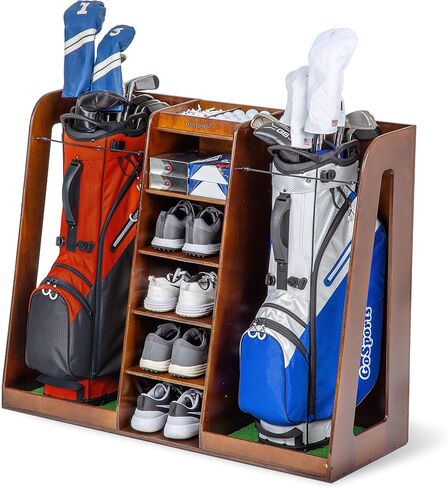 GoSports Premium Wooden Golf Bag Organizer and Storage Rack - Holds 2 Golf Bags - Black, White or Brown Finish in Saudi Arabia