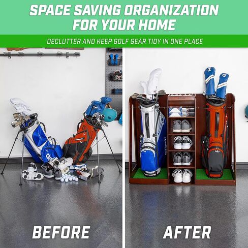 GoSports Premium Wooden Golf Bag Organizer and Storage Rack - Holds 2 Golf Bags - Black, White or Brown Finish in Saudi Arabia